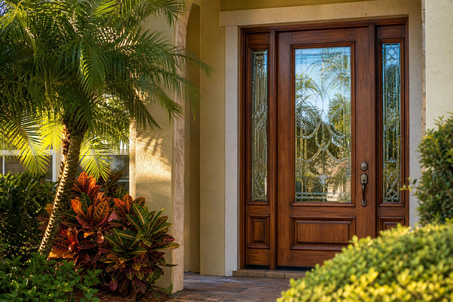 Solid wood double impact-rated front entry doors on a Florida home