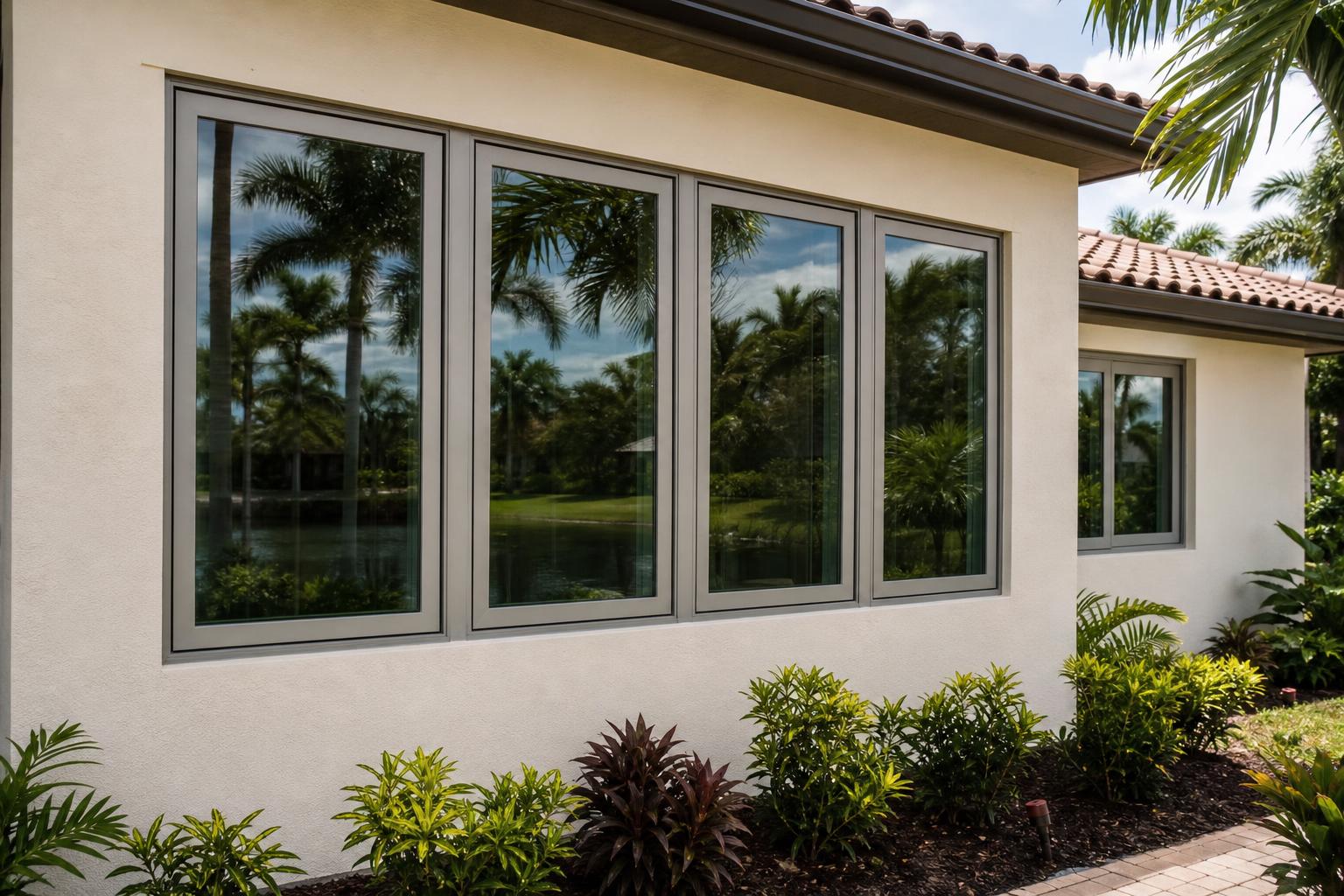 Two installers in green uniforms fitting a large white impact-rated window in a Florida home