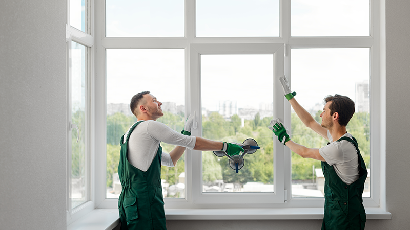 Two installers fitting a large white impact-rated window in a Florida home