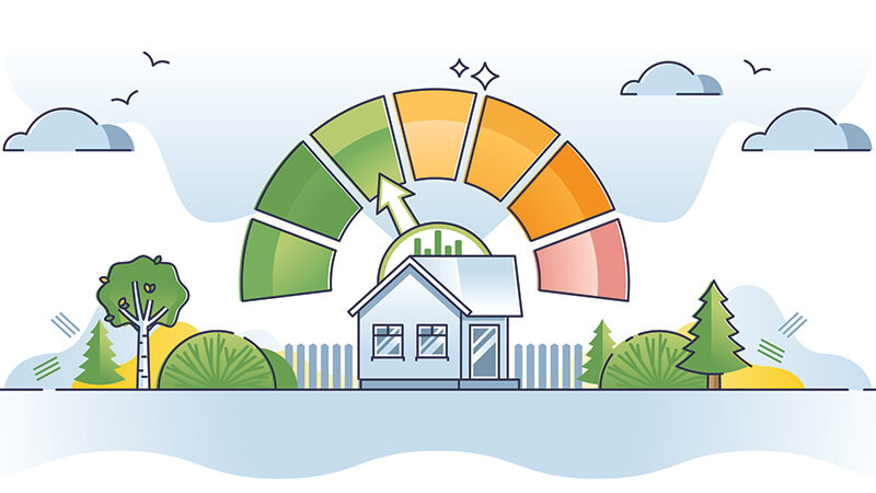 Florida home with an energy-efficiency rating gauge above it